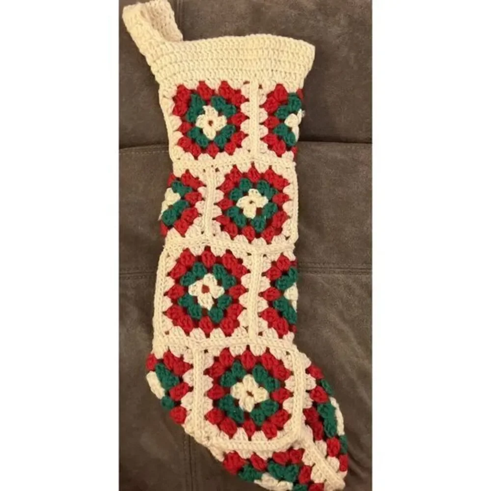 Vintage Handmade Christmas‎ Stocking Granny Square Crochet White Green Red 20x8